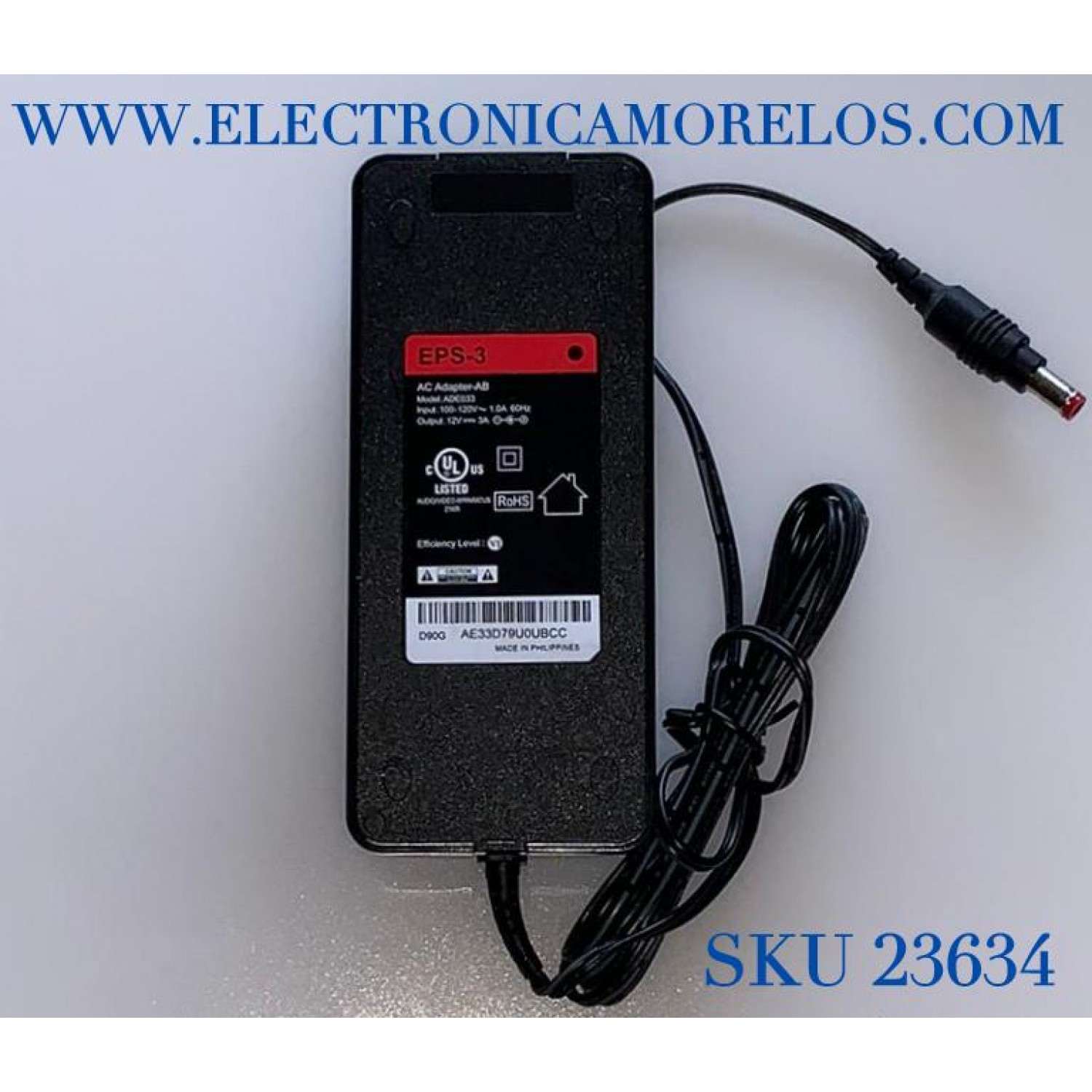 ADAPTADOR AC VCA EPS-3 / NUMERO DE PARTE ADE033/ MODELO ADE033 / ENTRADA VCA 100-120V～1A 60Hz / SALIDA VCD 12V-3A